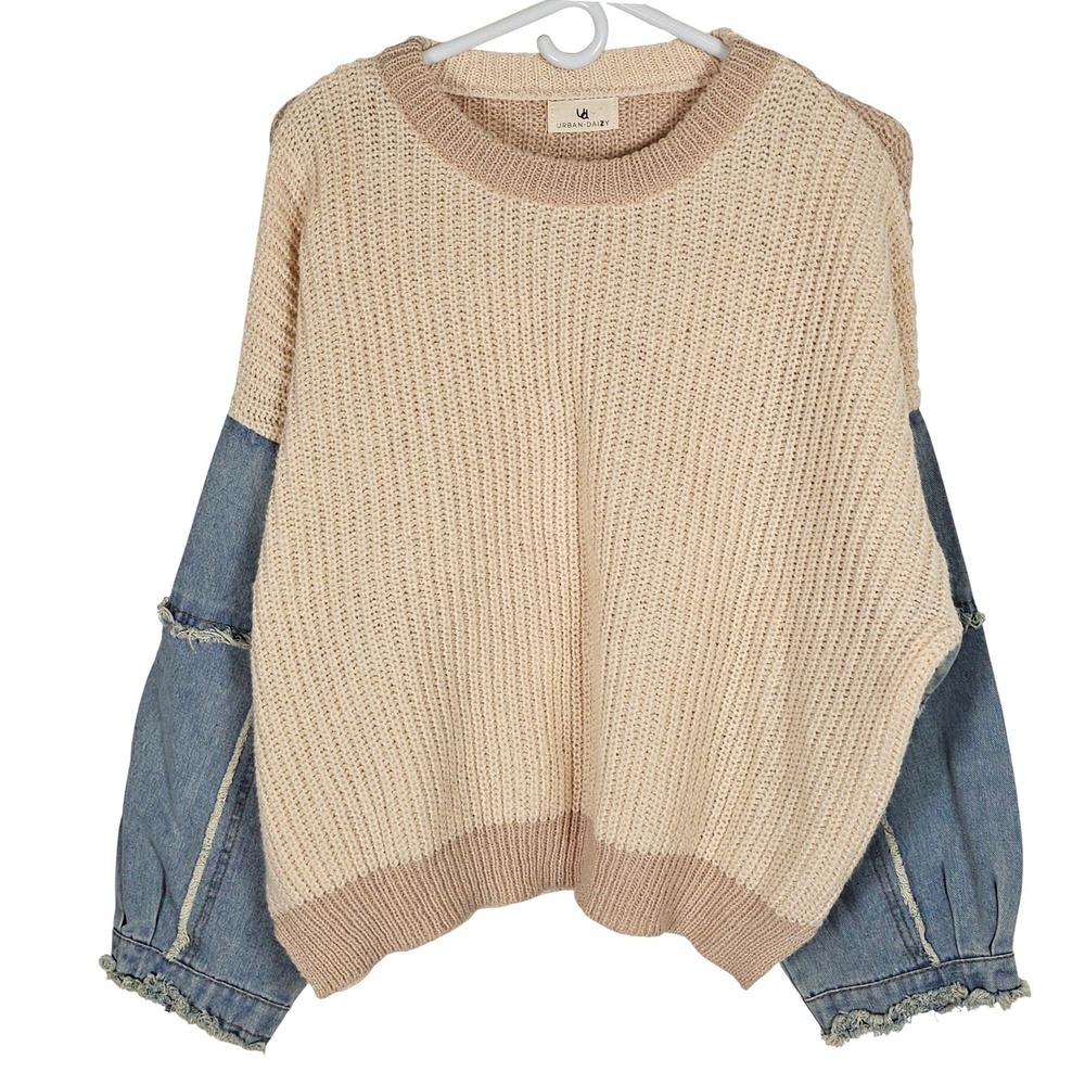 Urban Daizy Mixed Media‎ Denim Sleeve Sweater Oversized Tan Indie Frayed Layer